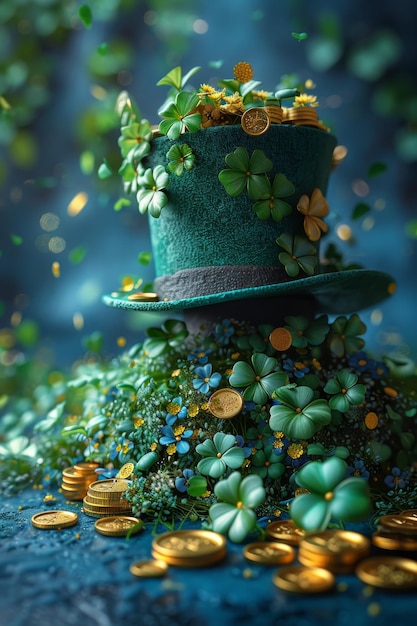 Een groene Leprechaun hoed en gouden munten staan op de oppervlakte St. Patrick's Day
