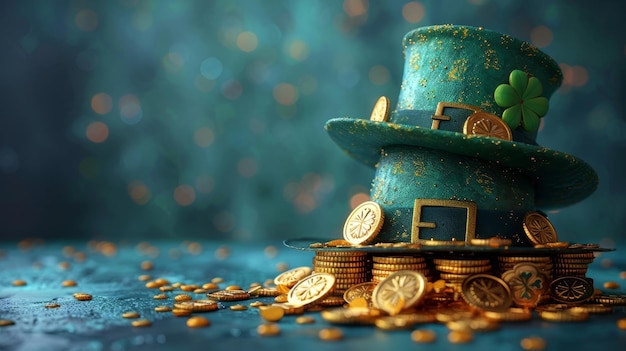 Een groene Leprechaun hoed en gouden munten staan op de oppervlakte St. Patrick's Day