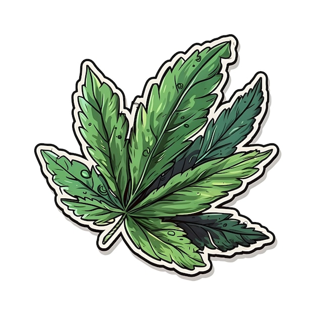 Een groene marihuanabladsticker met het woord cannabis erop.