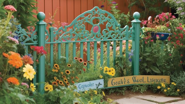 Een groene metalen poort met een bordje waarop gerberswol staat.