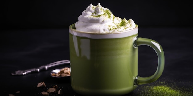 Een groene mok warme chocolademelk met een lepel op een zwarte tafel.