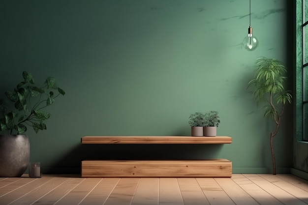 Een groene muur met een plant erop en een lamp die aan het plafond hangt.