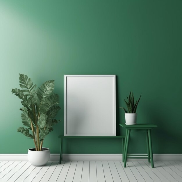 Een groene muur met een witte lijst en een plant erop.