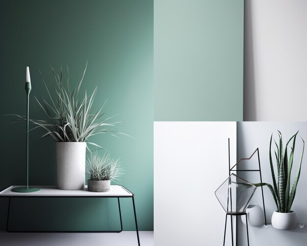Foto een groene muur met een witte plant erin en een witte vaas met een groene plant erin.