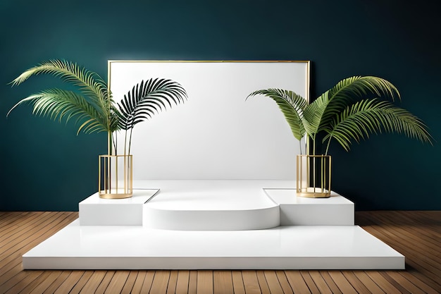 Een groene muur met een witte tafel en twee palmbomen in het midden.