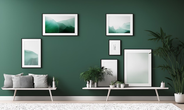 Een groene muur met ingelijste foto's erop en een witte bank met een groene achtergrond.