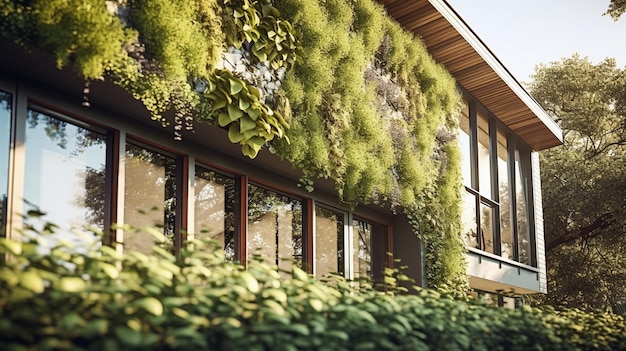 Een groene muur met planten erop