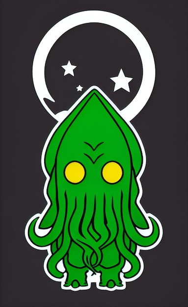 Een groene octopus met gele ogen staat voor een maan.