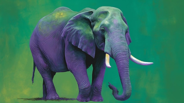Een groene olifant met een paarse achtergrond