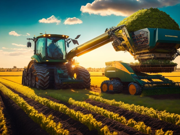 Een groene oogstmachine staat in een veld met een blauwe lucht en de zon gaat onder