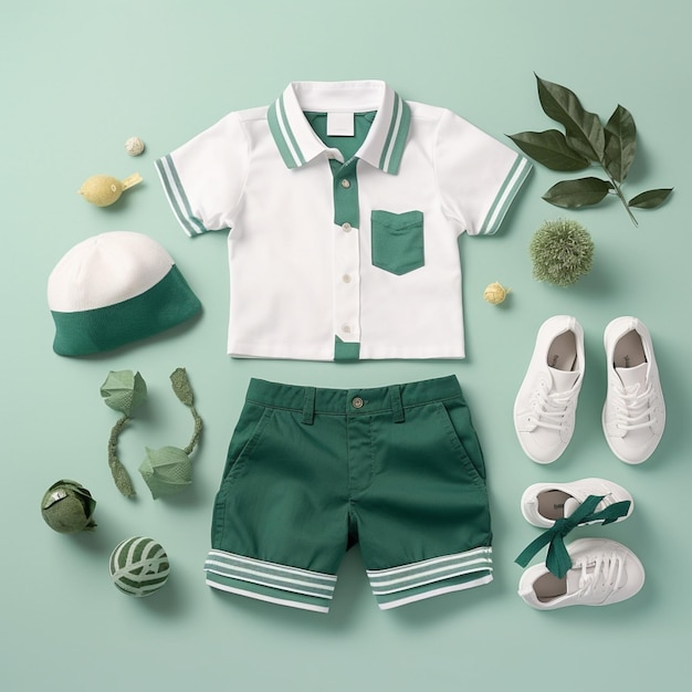 Een groene outfit met een korte broek, schoenen en een shirt met de tekst "groen".