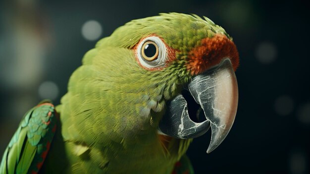 een groene papegaai met een rood oog en een gele snavel