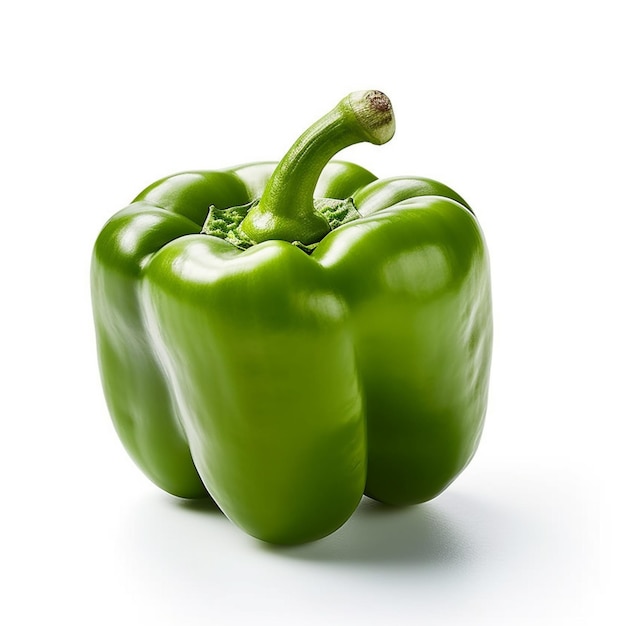Een groene paprika met een groen puntje zit op een wit vlak.