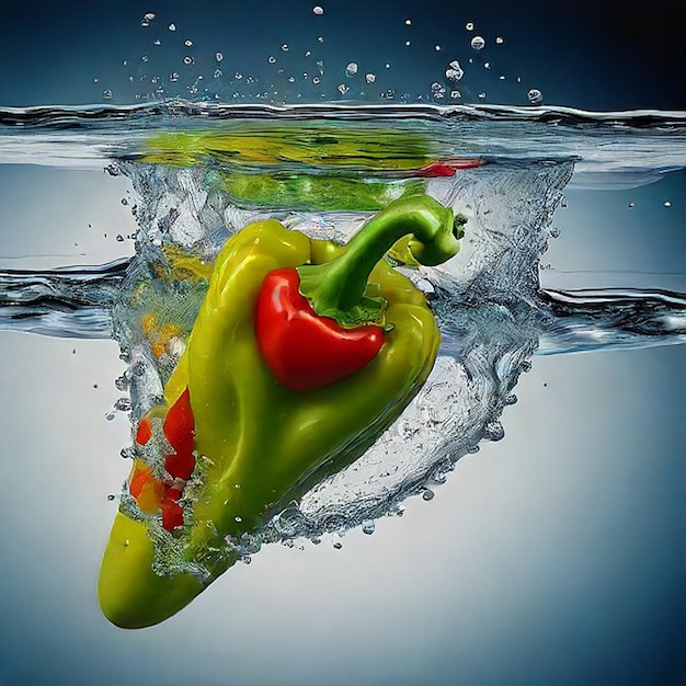 een groene peper die in het water drijft met een rode peper in het water.
