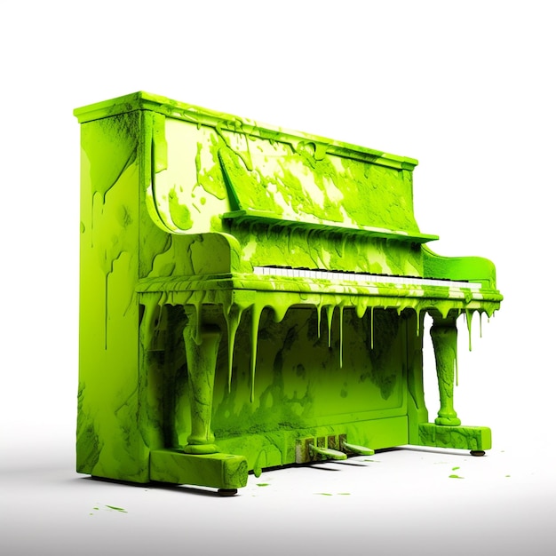 Een groene piano met groene verf die langs de zijkanten druipt.