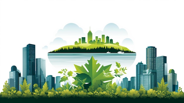 Een groene planeet met een groen blad erop en een stad op de achtergrond.