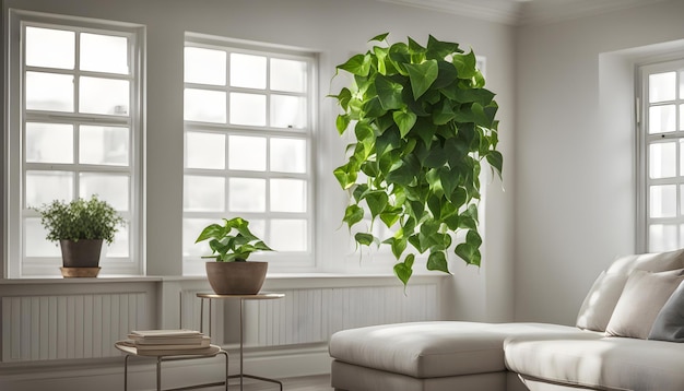 een groene plant die aan een raam in een woonkamer hangt