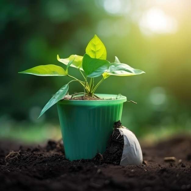 Een groene plant in een groene pot