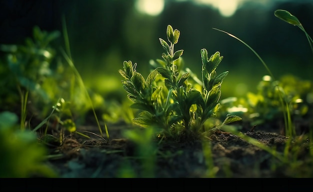 een groene plant in een open grasveld