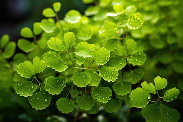 Een groene plant met waterdruppeltjes erop