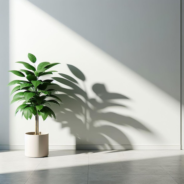 Een groene plant tegen een grote lege witte muur