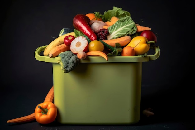 Een groene plastic bak met groenten en fruit erop