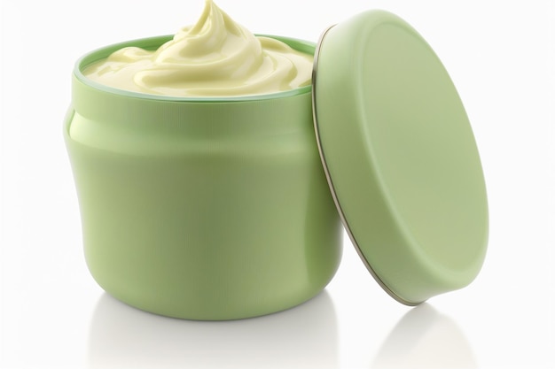 Een groene pot crème op een wit oppervlak. geïsoleerd op witte achtergrond afbeelding afbeeldingen