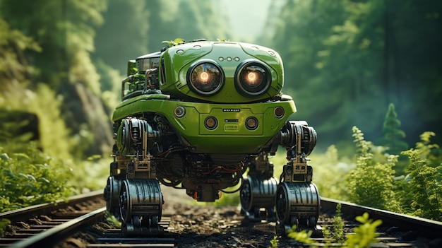 Een groene robot in het bos de interactie van technologie en natuur