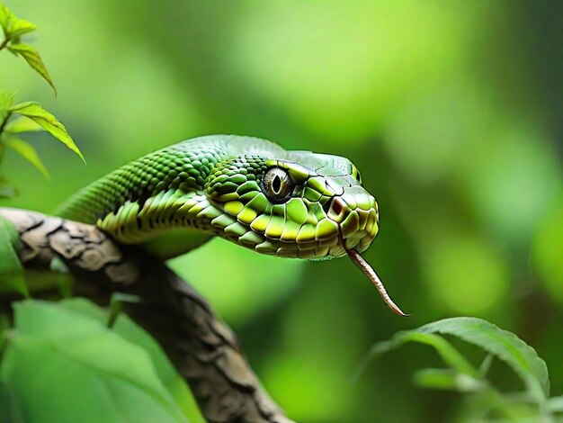 Een groene slang staat op een tak op een natuurlijke achtergrond rond het bos.
