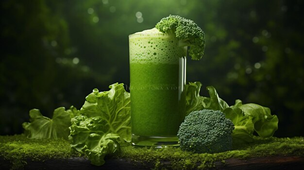 Een groene smoothie in een hoog glas omringd door broccoli