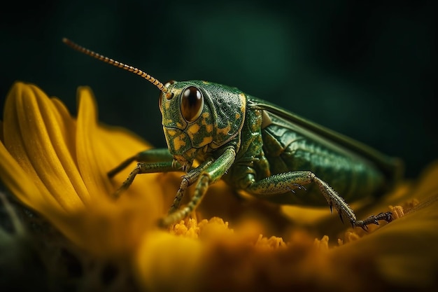 Een groene sprinkhaan zit op een gele bloem.