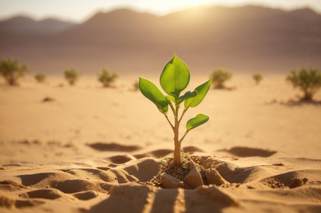 Een groene spruit van een boom groeit alleen in de woestijn, ai generatief