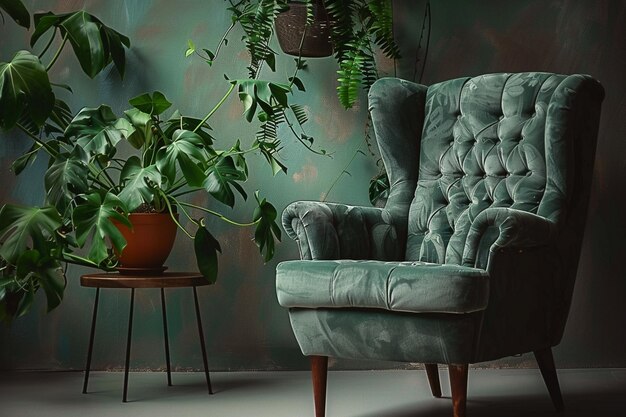 een groene stoel met een plant erop en een potplant aan de rechterkant