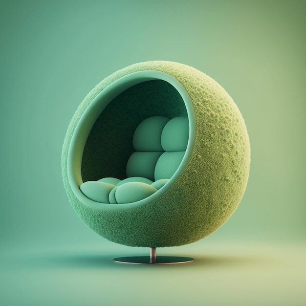 Een groene stoel met een ronde zitting waar het woord op staat
