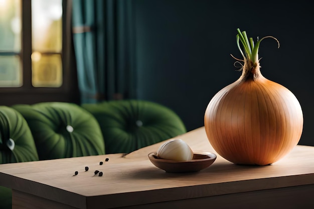 Een groene stoel staat voor een tafel met een bruine ui en een kommetje zwarte peper.