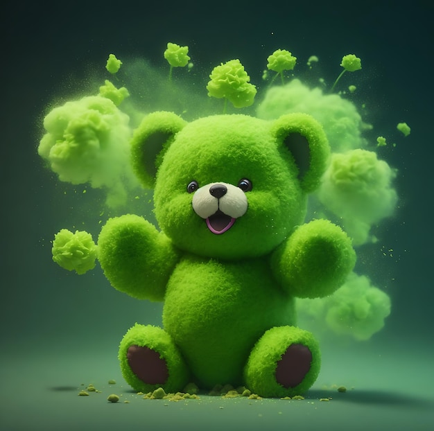 een groene teddybeer met een groen gezicht en paarse vlekken erop.