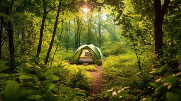 Een groene tent in een bos waar de zon op schijnt.