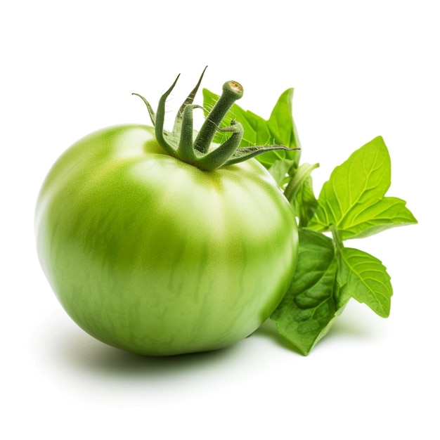 Een groene tomaat met bladeren met een witte achtergrond