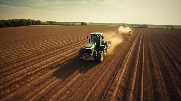 een groene tractor ploegt een veld met de woorden tractor erop