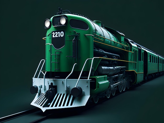een groene trein met 2 lampen op een zwarte achtergrond