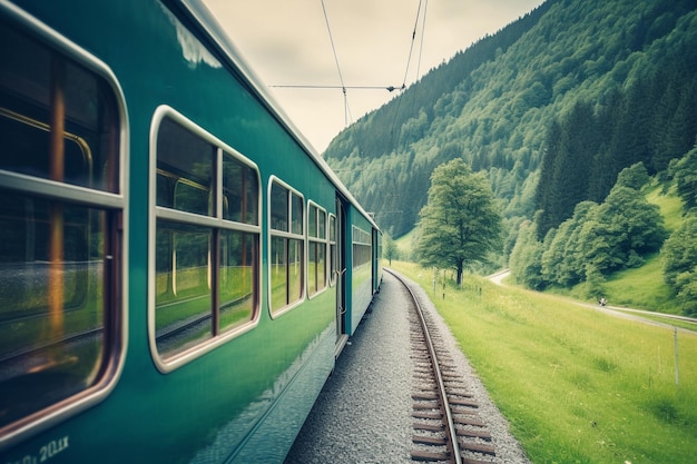 Een groene trein rijdt door een veld met bergen op de achtergrond