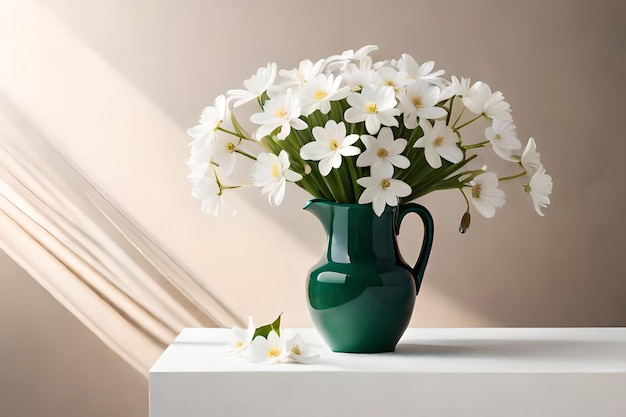 Een groene vaas met witte bloemen op een tafel met een witte achtergrond.