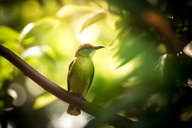 Een groene vogel met een rode kop en groene vleugels zit op een tak.