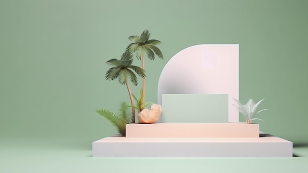 Een groene wand met een palmboom en een podium in de middenzomer productpresentatie