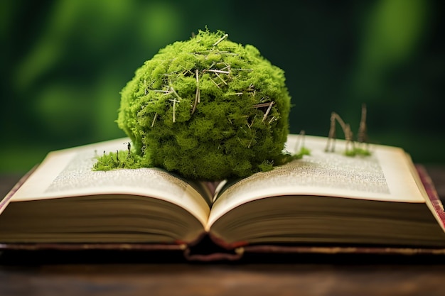 Foto een groene wereld binnen de pagina's van een boek