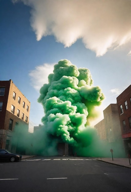 een groene wolk rook is in de lucht met een gebouw op de achtergrond