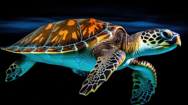 een groene zeeschildpad zwemt in het water.