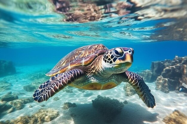 Een groene zeeschildpad zwemt langs rotsen en de oceaan.