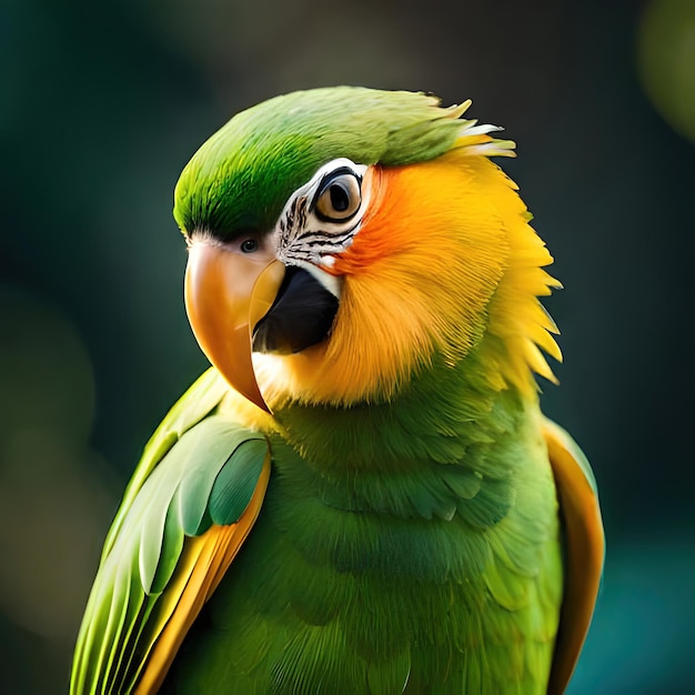 Een groengele papegaai met een gele kop en groene veren.