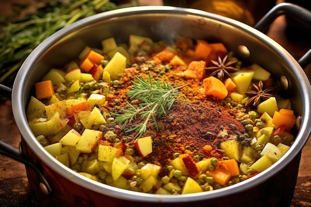 Foto een groentepot kruiden met specerijen en kruiden